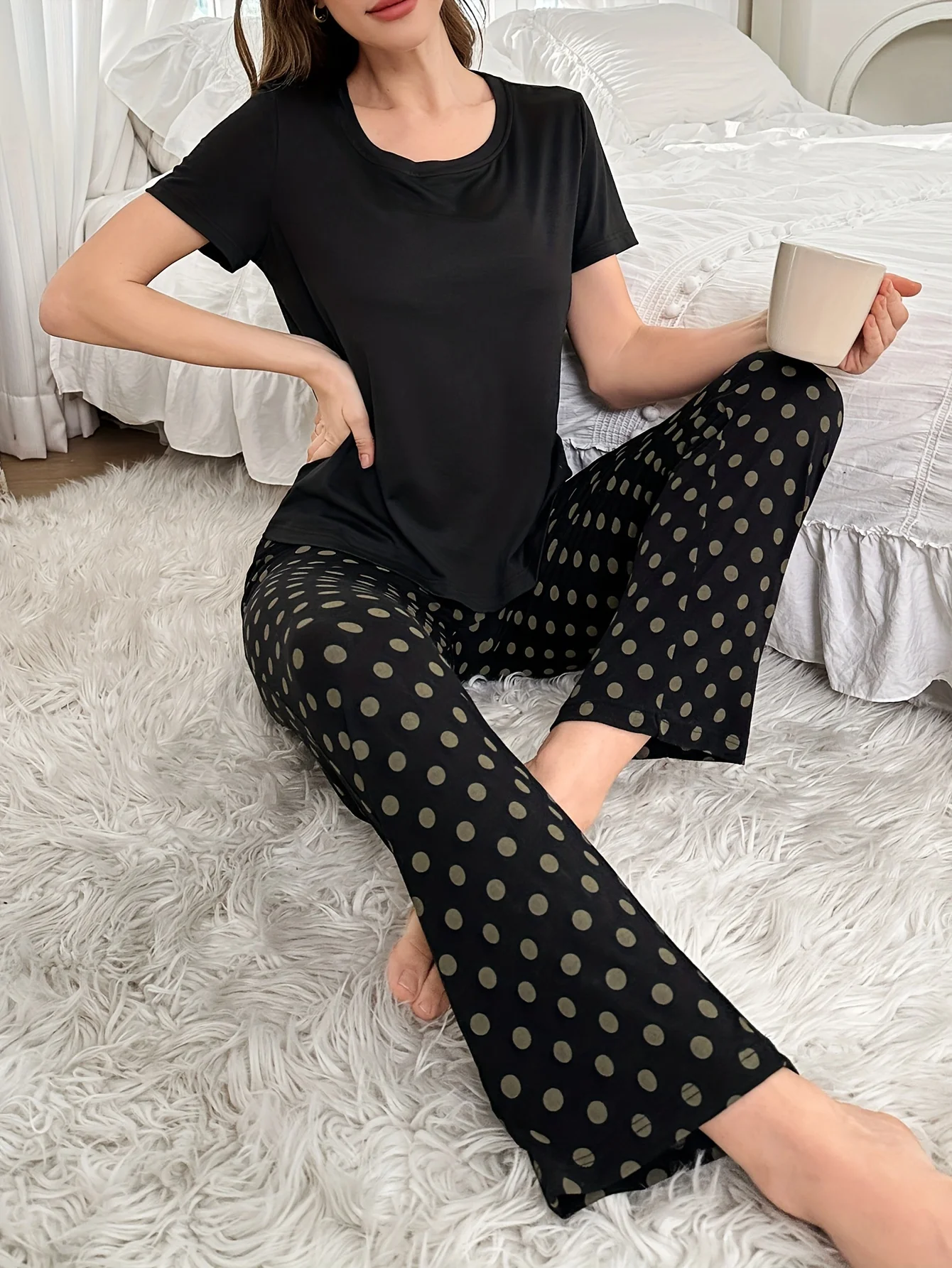 2피스 여성용 잠옷 세트, 폴카 도트 프린트 반소매 바지 세트