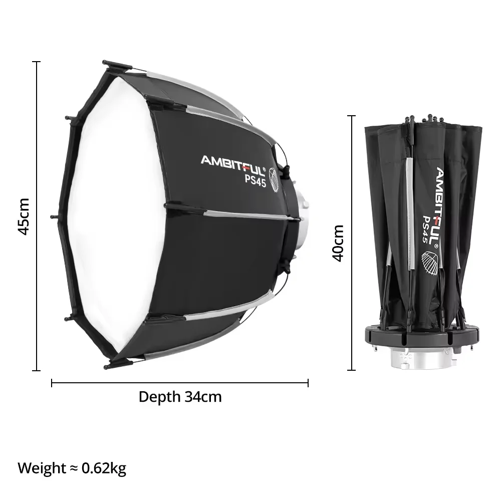Ambitful PS45 Mini Quickly Release Bowens Mount Softbox + Honeycomb Grid for Photo Studio Portrait Outdoors Portable