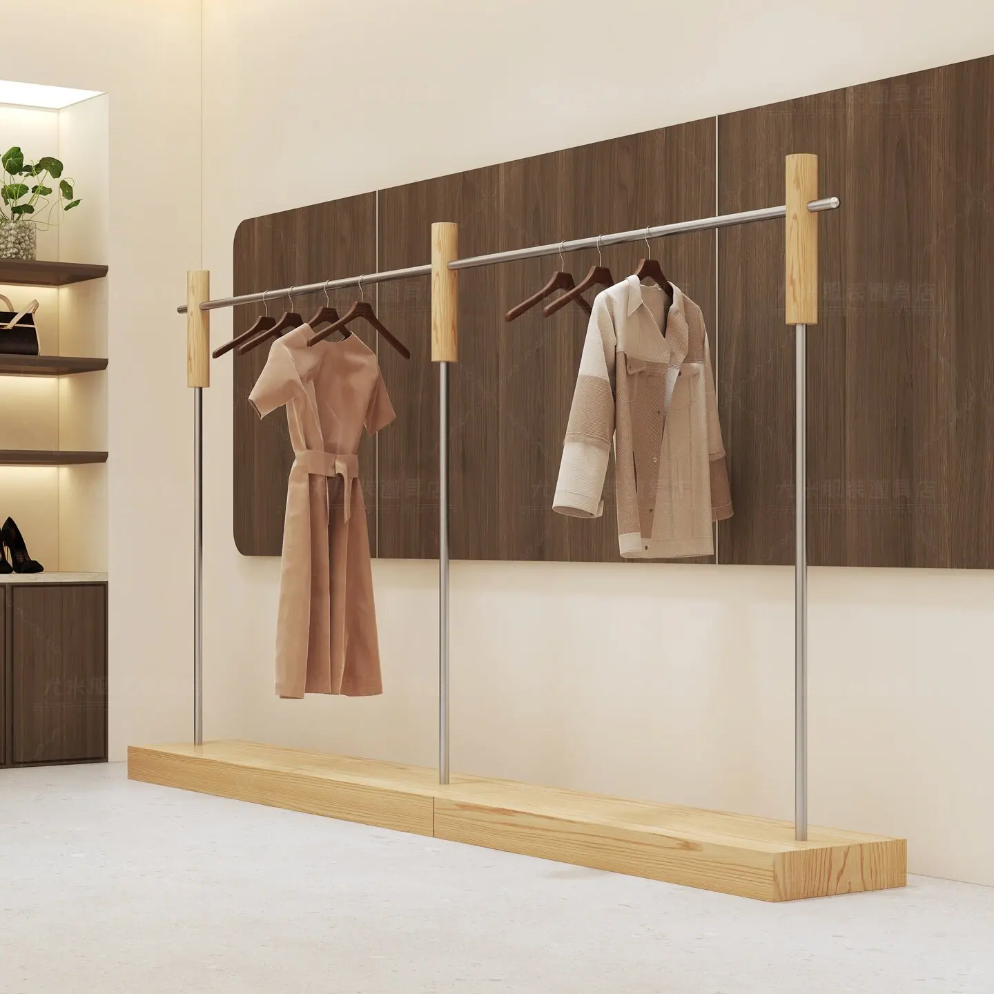 Women's clothing store Stainless steel imitation walnut floor-to-ceiling Zhongdao rack Women's clothing store hanging hanger