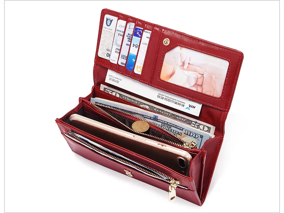 KAVIS 100% Echtes Leder Frauen Geldbörsen Lange Mit Handy Halter Weibliche Handliche Brieftasche Für Mädchen Dame Geld Tasche – Detail 13
