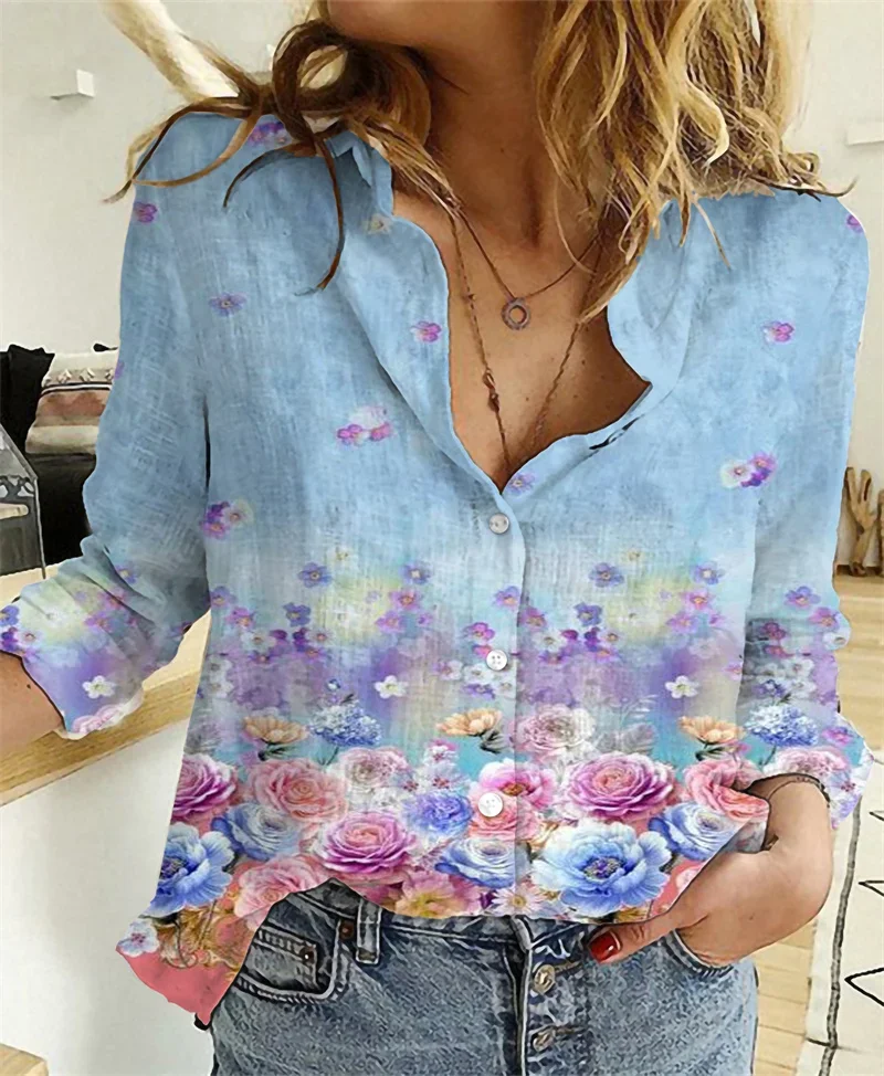 

Women Linen Shirt Flowers Casual Shirt 3D Printed Button-down Shirt Casual Unique Streewear 10 Style 02