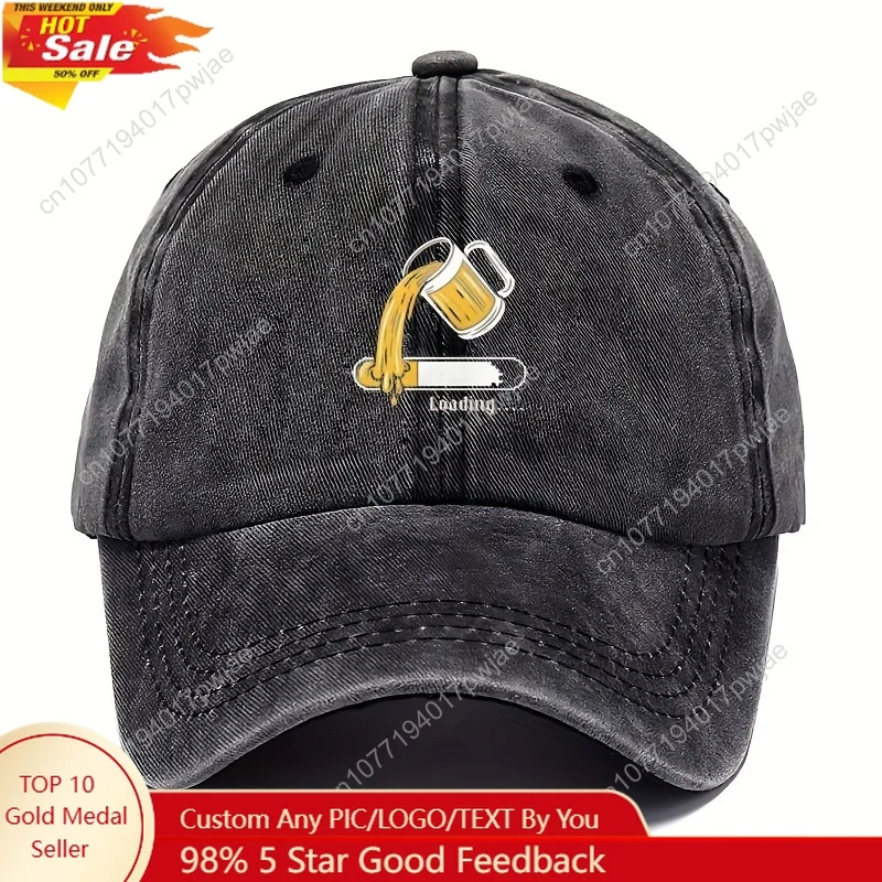 

Retro beer-patterned baseball cap for men and women - black with yellow beer mug design, breathable trucker hat