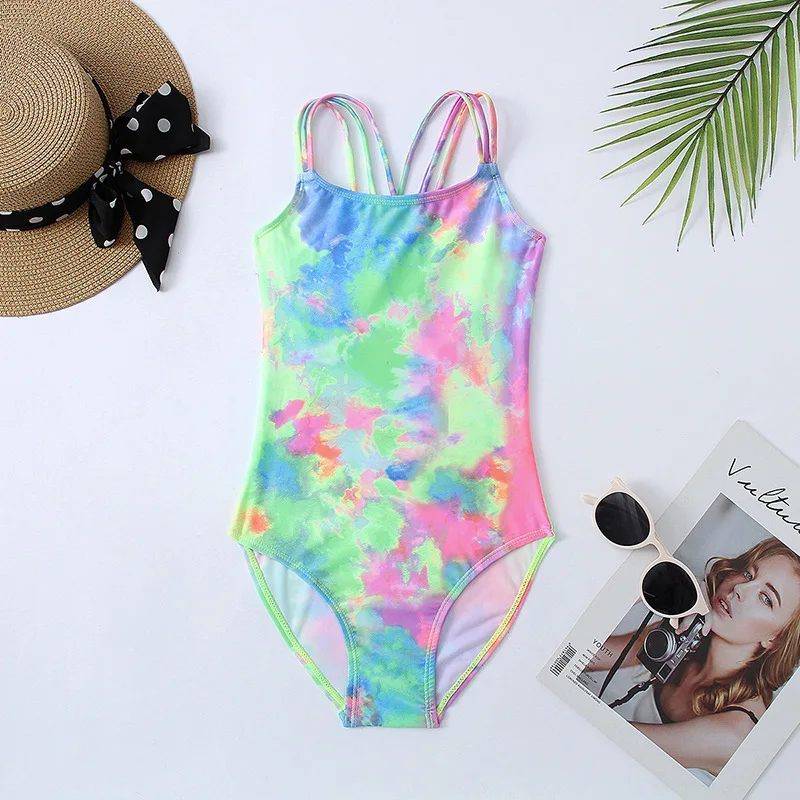 

Cross border tie dyed children's swimsuits, one piece swimsuits for girls, summer beach vacation surfing strap swimsuits