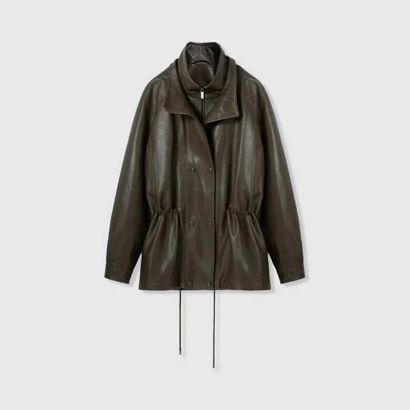 veste Spring and Autumn Double Collar Drawn Waist Leather Jacket Retro Medium Long Loose Skinny Leather Coat for Women