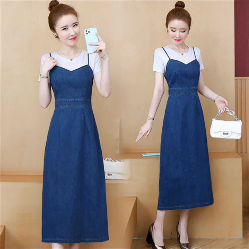 

Blue denim halter dress women new waist jean long Sling dress