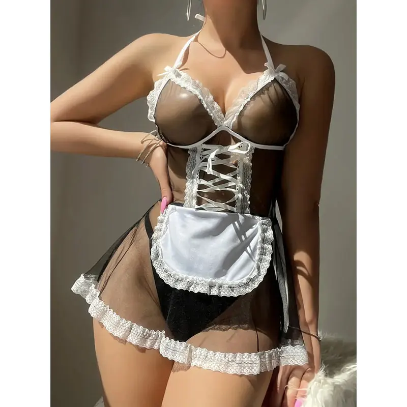 Transparent Babydoll Maid Nightgown Sexy Costumes Women Lingerie Sexdoll Porn Nights Erotic Dress Crotchless Sexual Product Toys