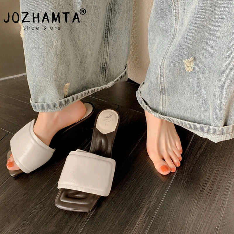 

JOZHAMTA Size 34-40 2025 Slides Sandals For Women Real Leather High Heels Summer Shoes Casual Slippers Luxury Party Mules