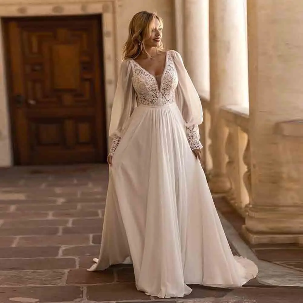 Customized Plus Size Boho Wedding Gown Deep V Neck Bishop Sleeves Lace Chiffon A Line Bridal Dress Beach Wedding Dresses Sweep T
