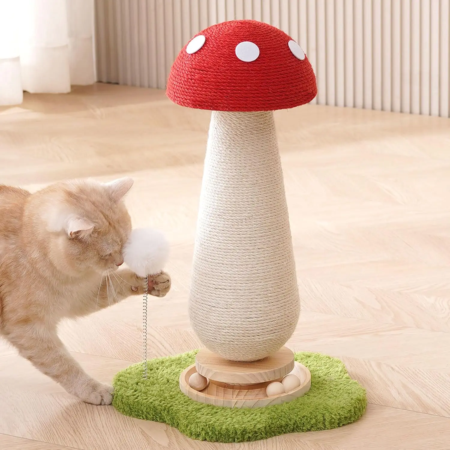 

Mushroom Cat Scratching Post Cat Tree, 21.5‘’ H Cute Cat Scratcher Tower with Durable Solid Wood Turntable Toy, Mushro