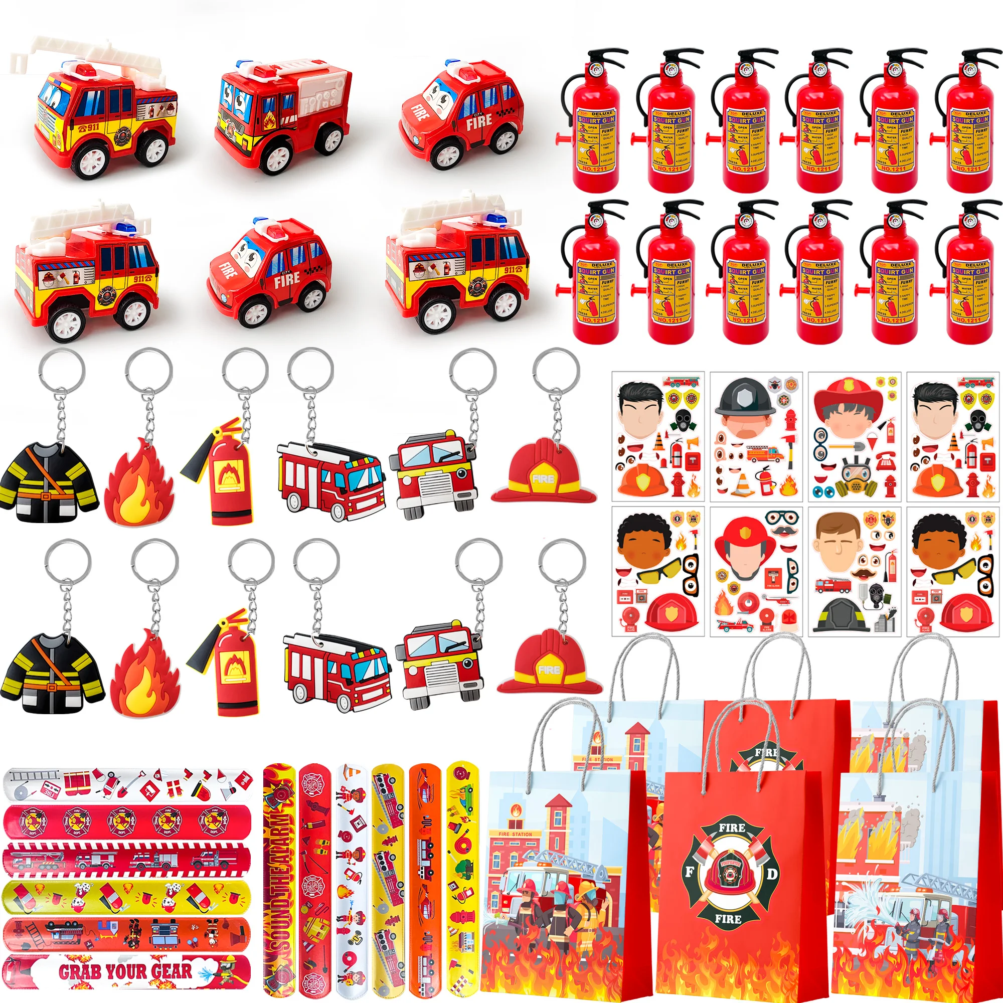 Set di 72 articoli per feste a tema camion dei pompieri: sacchetti, adesivi, braccialetti, portachiavi e altri oggetti per feste a tema pompiere, ideali come regalini per feste di compleanno a tema