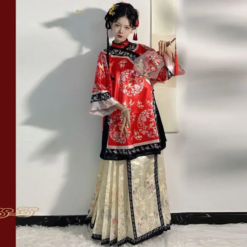 Mulheres tradicionais chinesas qipao ciano gola alta manga comprida topo bege impresso cavalo enfrentado saia antiga hanfu roupas