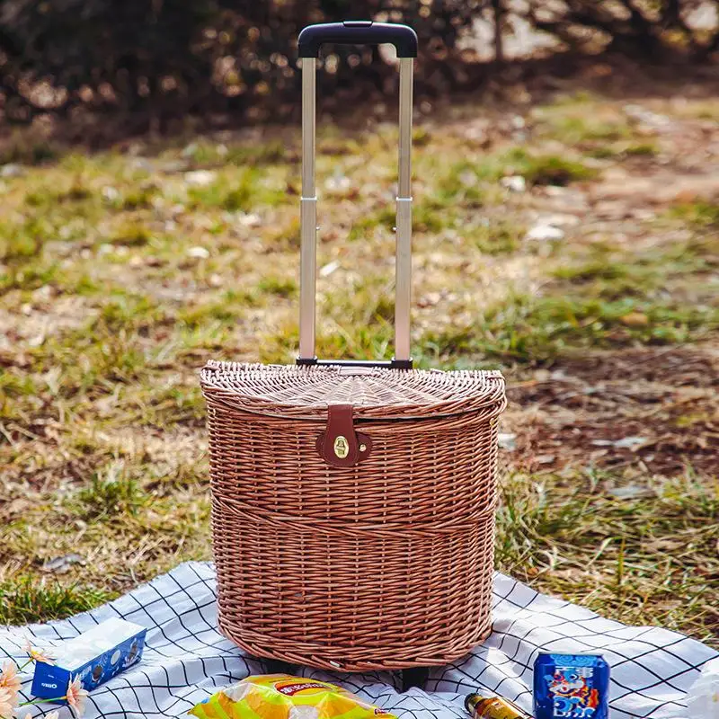 Rattan Woven Picnic Basket with Wheels Pull Rod Spring Outing Storage Basket Multi-Function Outdoor Camping Tableware Set