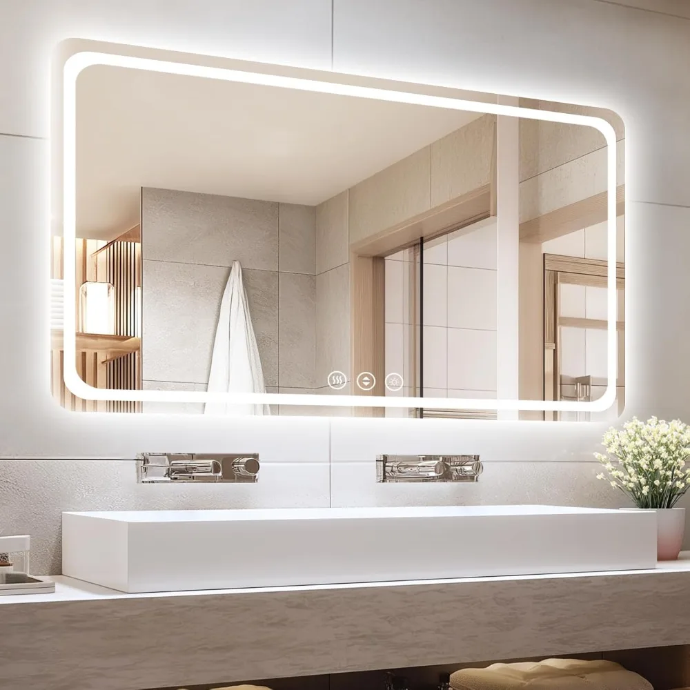 

55" x 36" Led Bathroom Mirror with Lights, Anti-Fog & Tri-Color Lighting - Wall Mounted Shaving Mirror with Touch Sensor, Waterp