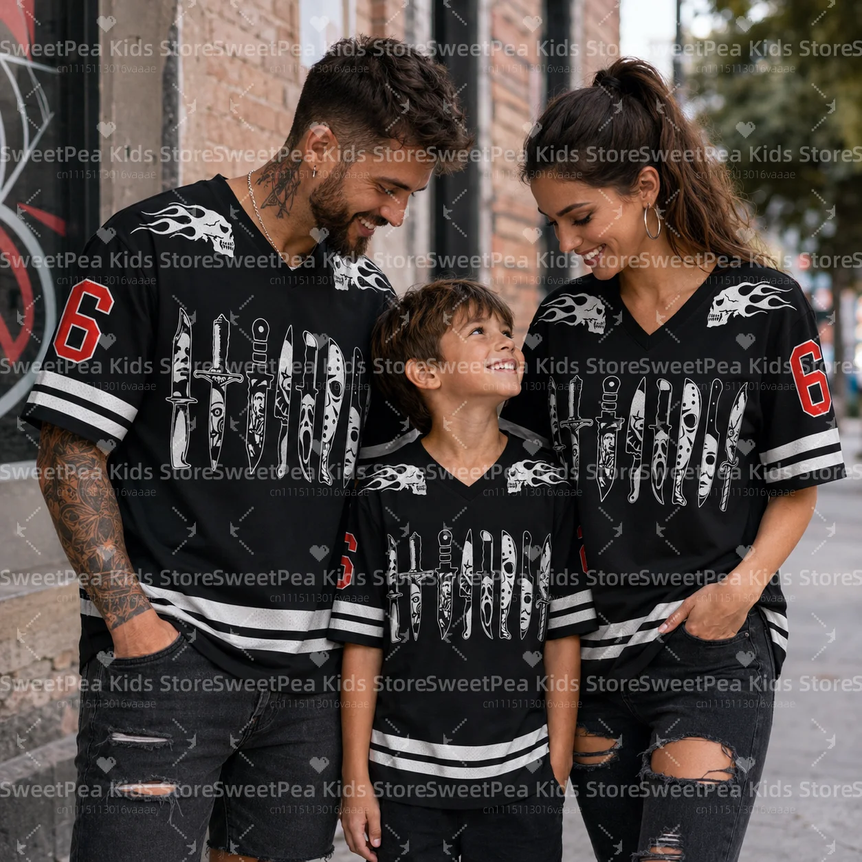 Harajuku Striped Patchwork Gothic Print Sport Quick-dry Breath V-Neck T-shirt Streetwear Parent-child Pullover Clothing
