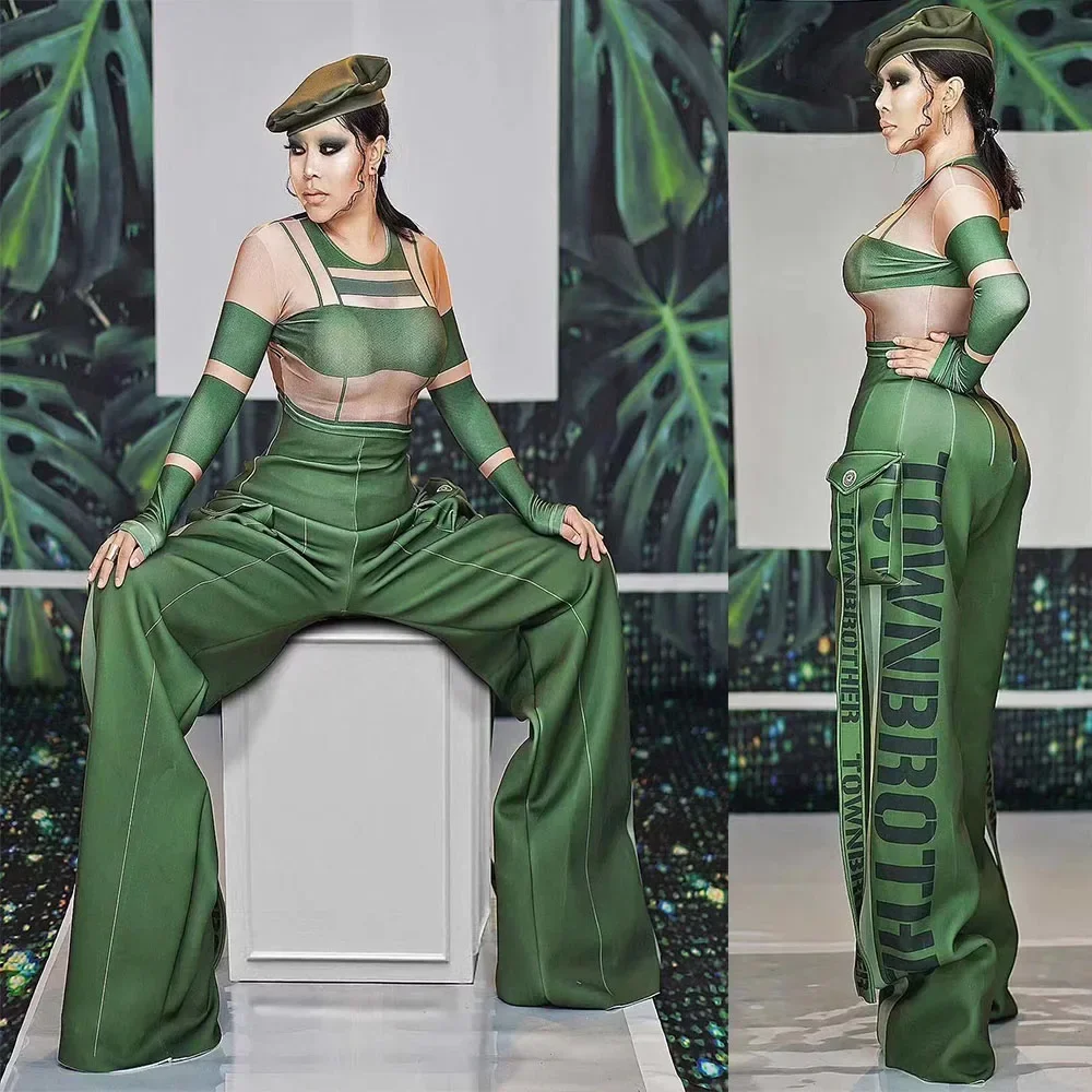 

Army Green Long Sleeves Jumpsuits Wide Leg Letter Pants Fashion Show Stage Costume Drag Queen Rave Outfits Party Clothing