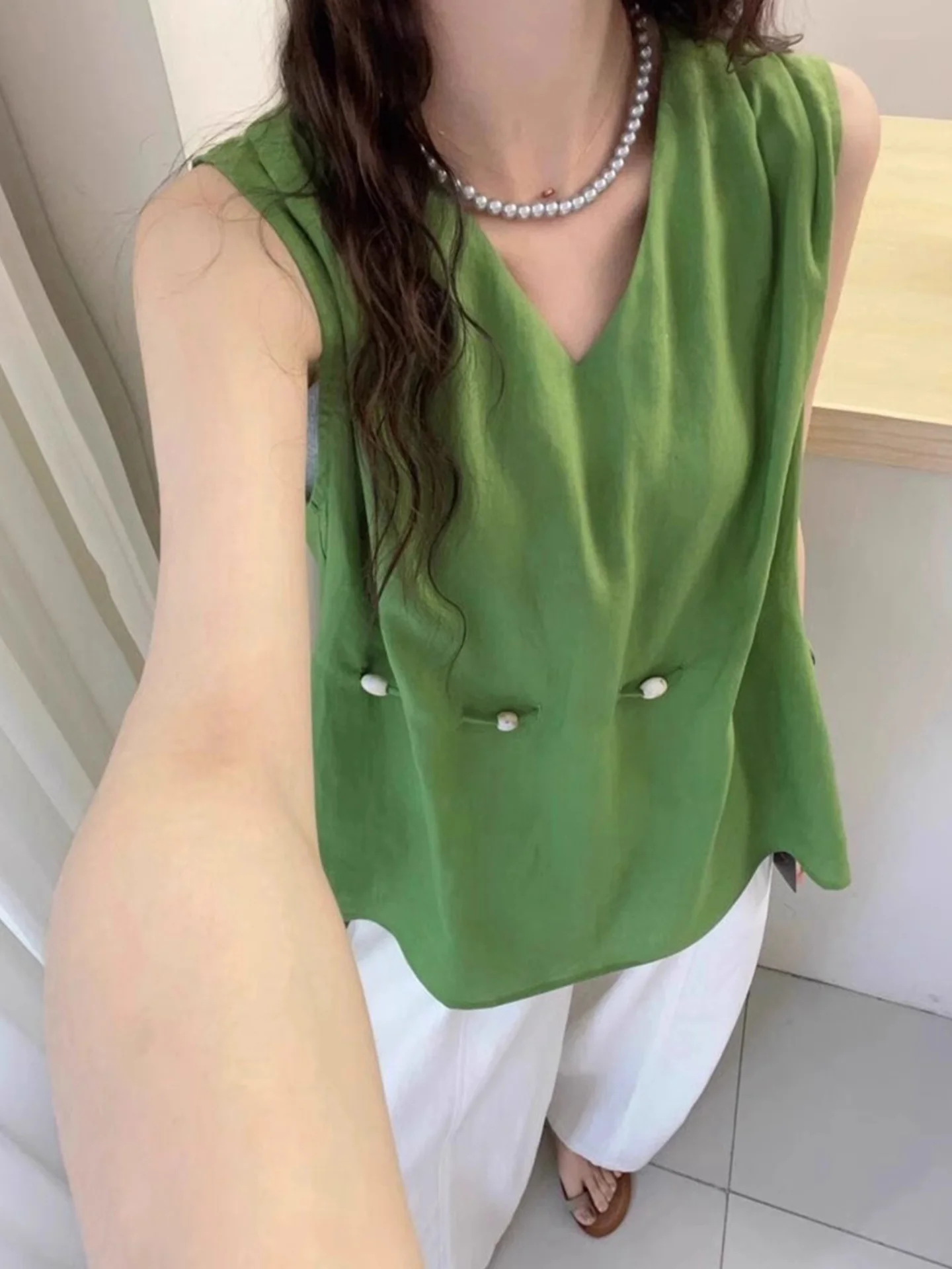 

Ele Pure Color V-Ne Svel Loose Overhead irt Korean Sle Commute Straight Tube Silk Women's Premium Brand Summe...