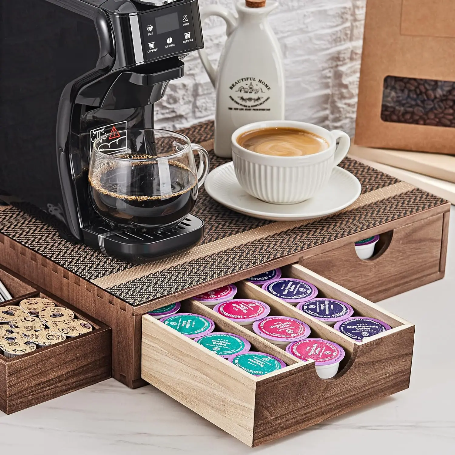 

Деревянный органайзер для кофейных капсул K-Cup с выдвижным ящиком, вмещает 30 капсул, компактная подставка для кофемашины и кухонной техники