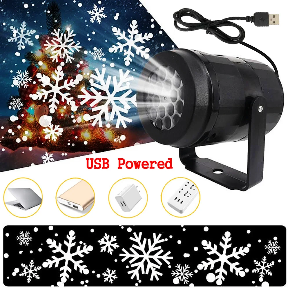 USB Powered LED Christmas Dynamic White Snowflake Projector Outdoor Rotating Stage Projection Light For Bedroom Ceiling Decor