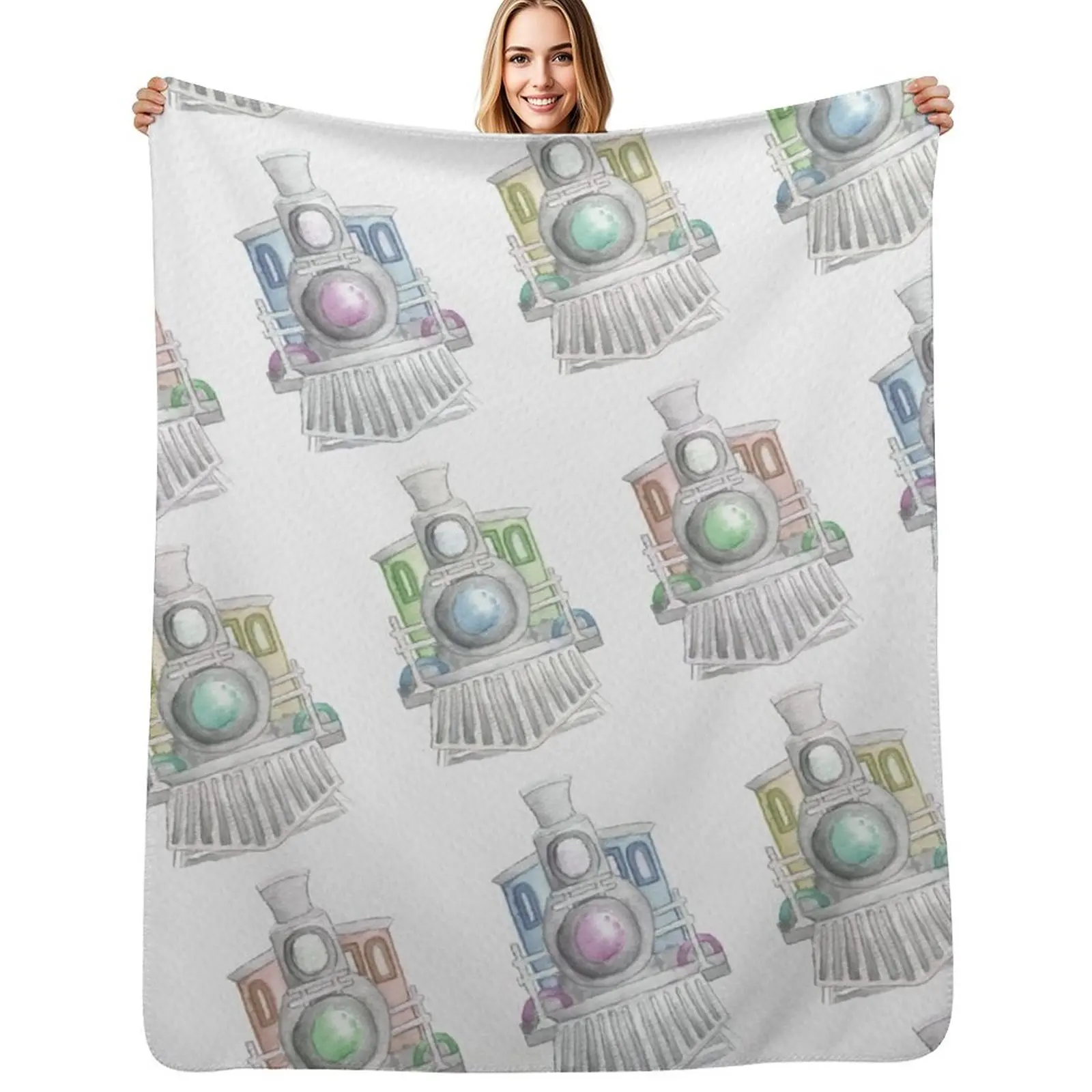Vintage Trains Pattern Design - Watercolour Train Pattern Throw Blanket Soft Home Decor Blanket for Couch Bedroom