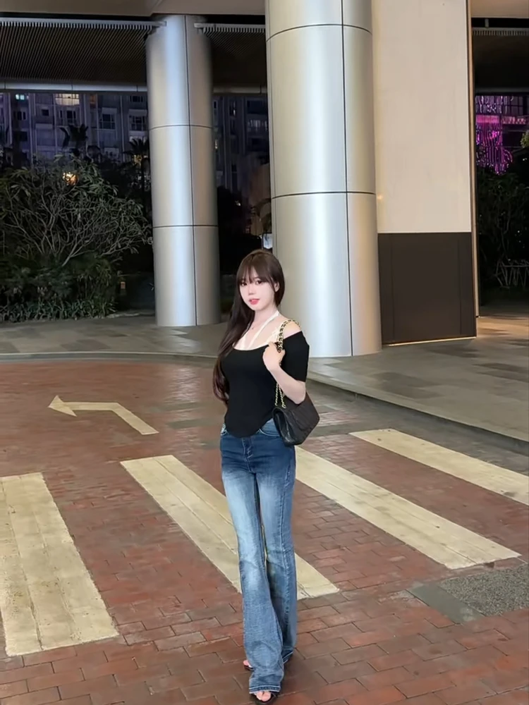 

American Retro Bell Bot Jeans Women's Spring New Elastic Slimming Cover up Long Pants Casual High Waist Wide Leg Blue