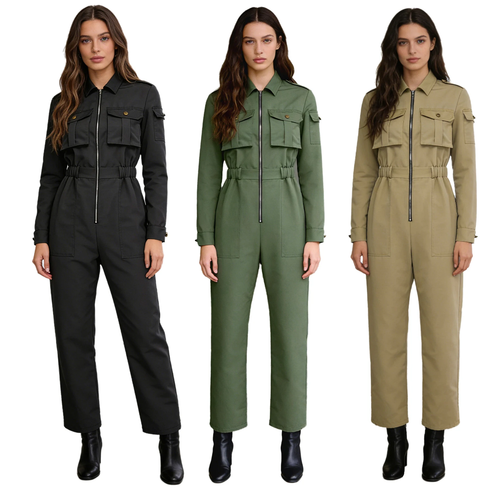 

Women Fashion Casual Coveralls Jumpsuit Streetwear Long Sleeve Zipper Elastic Waist Wide Leg Cargo Pants Rompers with Pockets