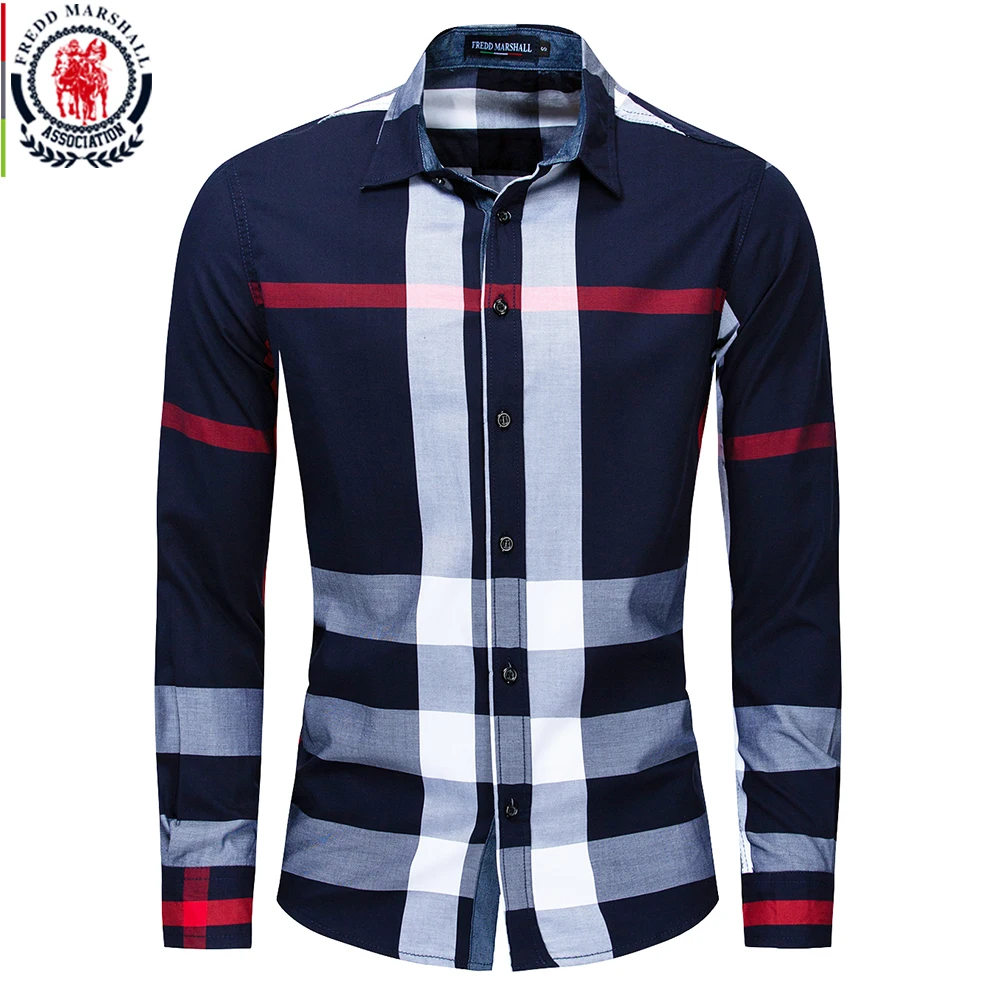 Fredd Marshall 2023 Summer Fashion Random Plaid Shirt Men Long Sleeve Casual Slim Fit Shirts Tops 100% Cotton Chemise Homme 199