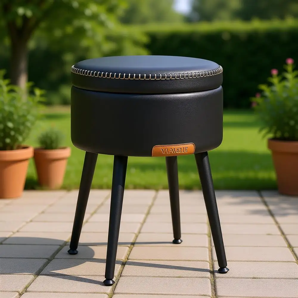 

Табурет-оттоманка в стиле Mid-Century Modern, стул для туалетного столика, из искусственной кожи с прострочкой, круглое сиденье со стальными ножками, выдерживает до 3 человек