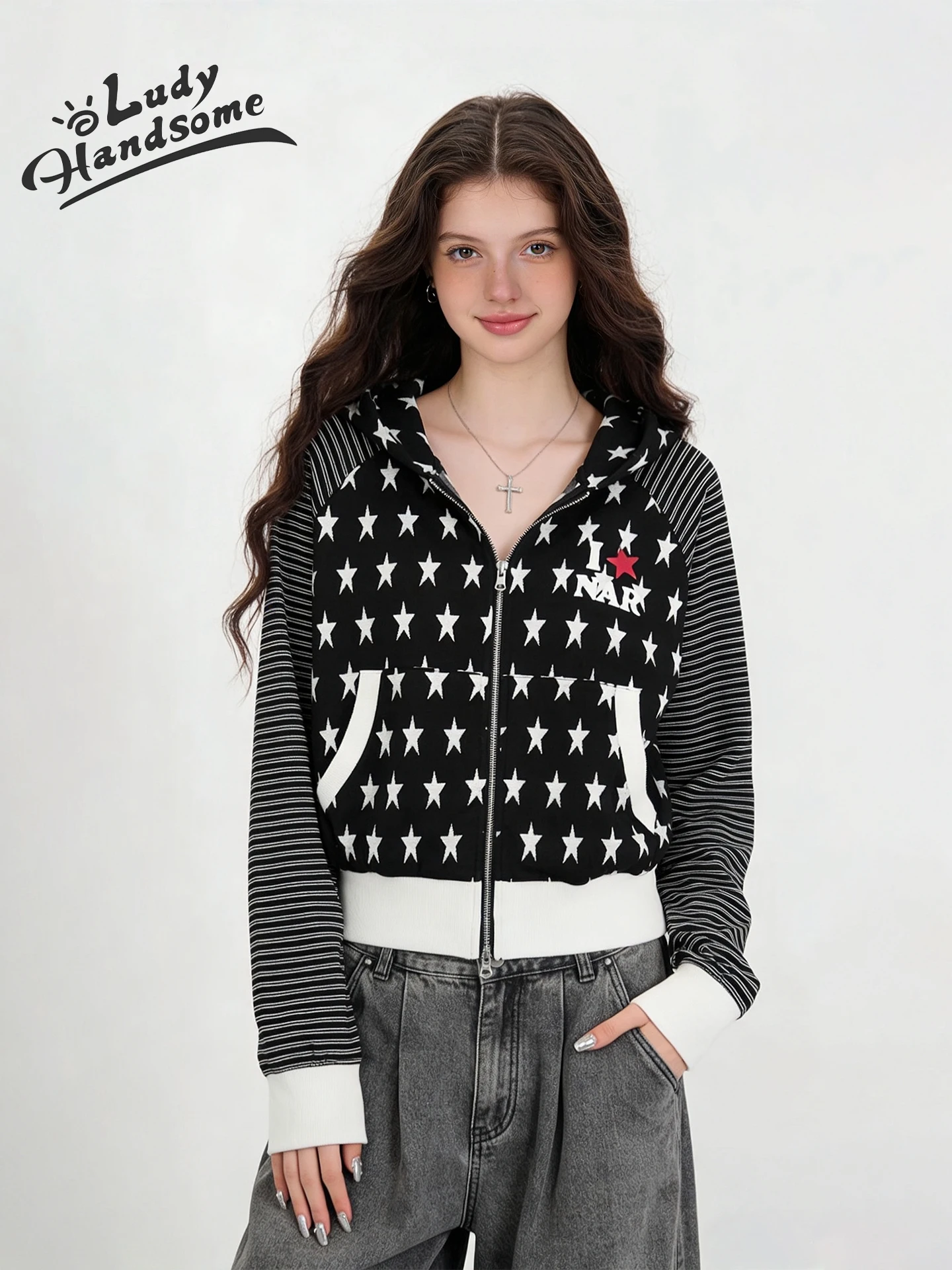 

Женская толстовка LDHS в американском ретро-стиле с полосками, повседневный топ с двойной молнией, свободный крой, длинный рукав, смесь полиэстера и хлопка