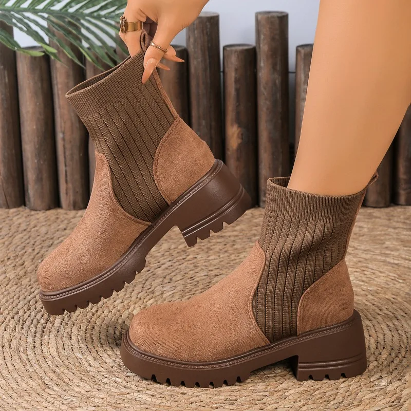 

2025 Autumn Winter Fashion Women's Chelsea Boots Female Mid Heels Thick Soled Shoes Ladies Round Toe Knitted Sexy Ankle Boots