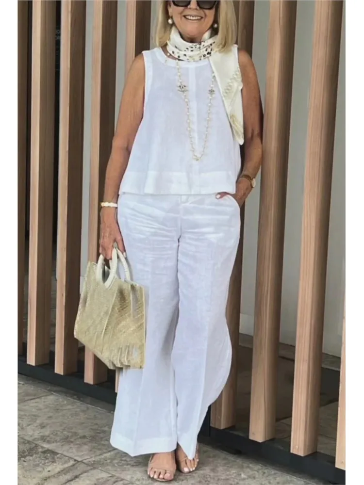 

Women's Sleeveless Tops Lady Set Casual Fashion Office Solid O-Neck Top And Wide Leg Pants Two Piece Sets Womens Clothing Summer