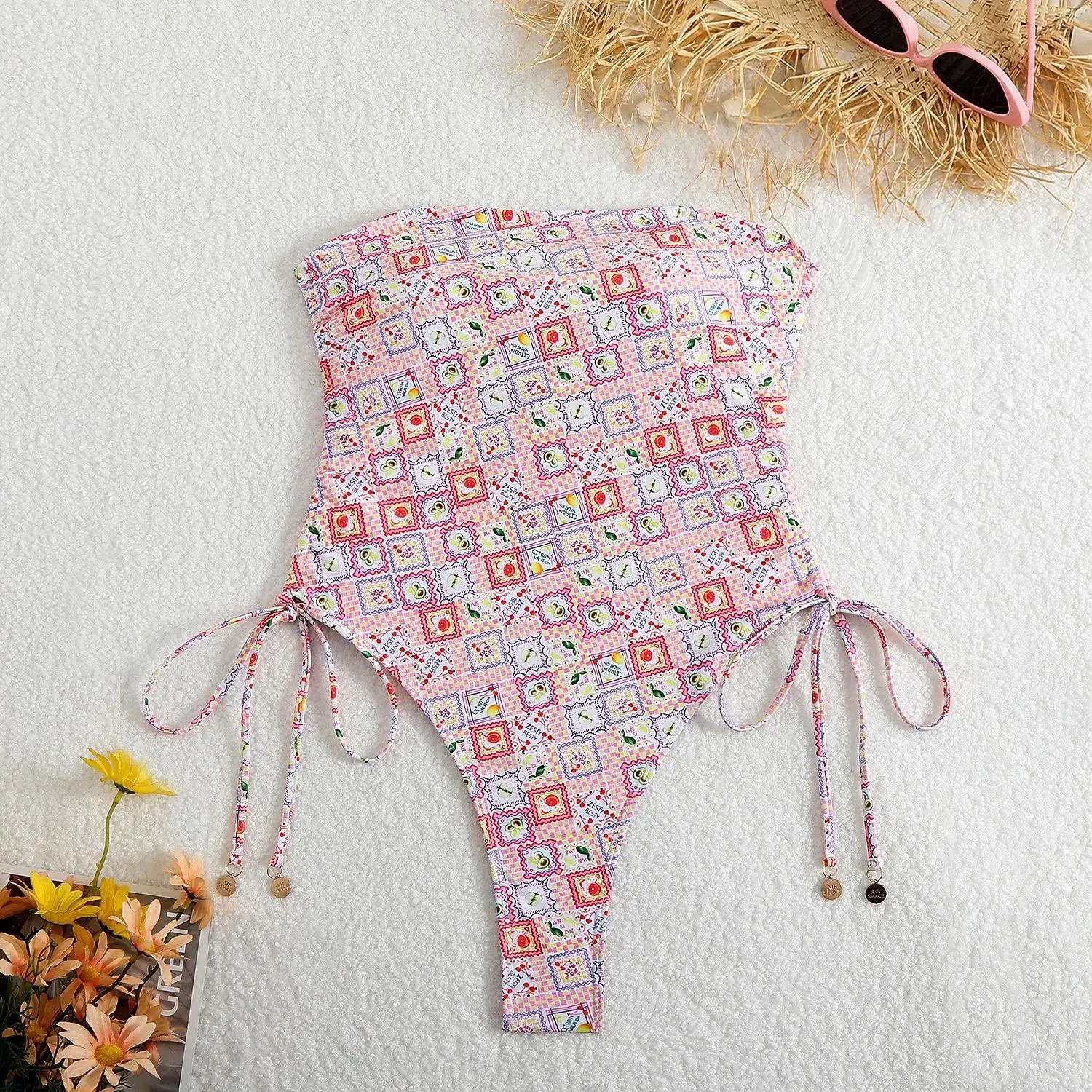 

2025 Sexy Drawstring High Cut Swimsuit One Piece Printed Swimwear Women Bathers Bathing Swimming Swim Suit Female Beachwear