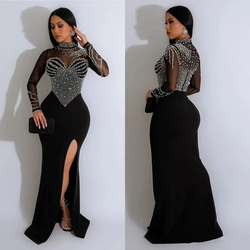 

Elegant Solid Color Mesh Dress With Rhinestone Slit Long Maxi Dress For Women Fashion Trendy Evening Party Wear