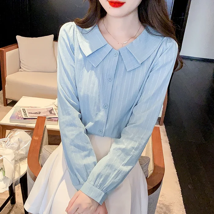 

Long Sleeve Shirts Womens Satin Ruffled Slim Fit Turn Down Collar Elegant Feminine Romantic Spring Office Daily Outfit