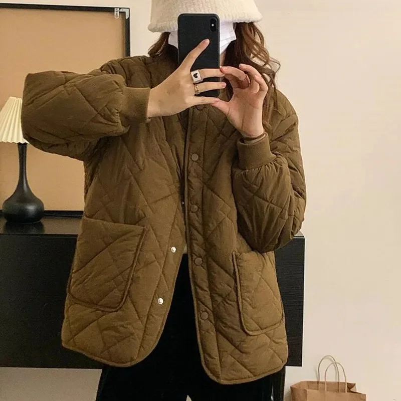 Round Neck Rhombic Lattice Big Pocket Warm Cotton Padded Coat Women's Autumn Winter 2023New Female With A Warm Cotton Jacket Top