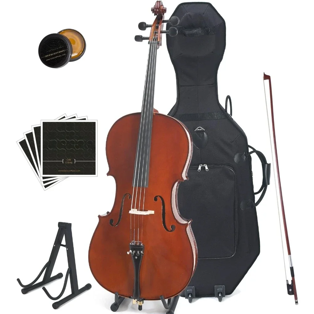 

Ebony Fitted Flamed Solid Wood Cello with Hard & Soft Case, Stand, Bow, Rosin, Bridge and Extra Set of Strings, Size 4/4