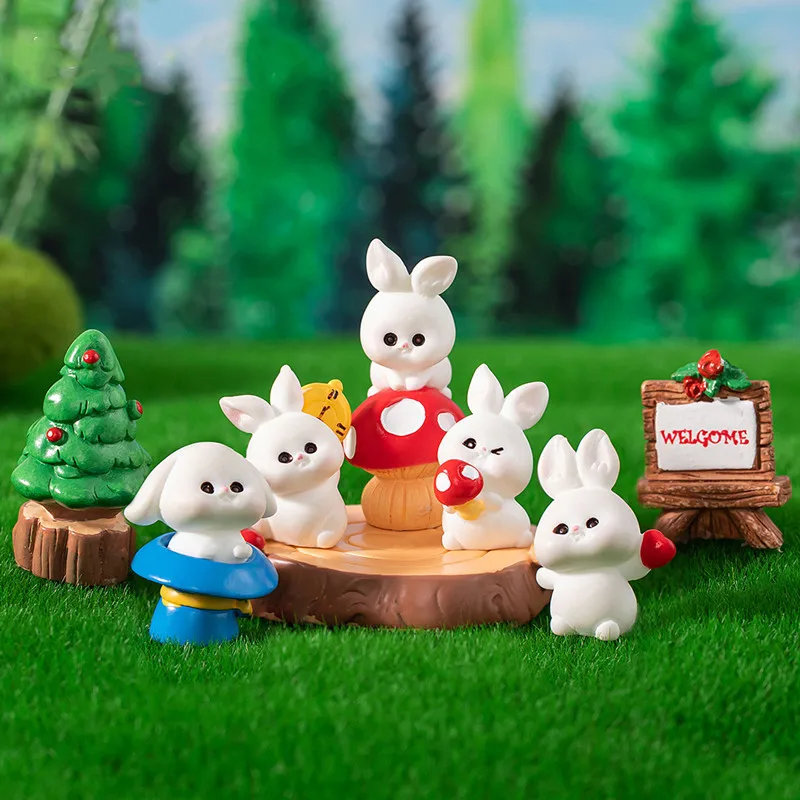 

Figurines Miniature Cute White Rabbit Micro Landscape Ornaments For Home Decorations Lovely Animal Room Decor Desktop Gifts