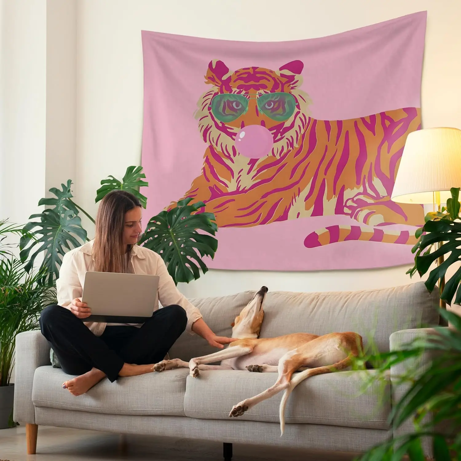 Cool Tiger Tapestry - Funky Pink Wall Art, Retro Animal Decor, Bubblegum Pop Style, Bedroom Dorm, Multiple Sizes