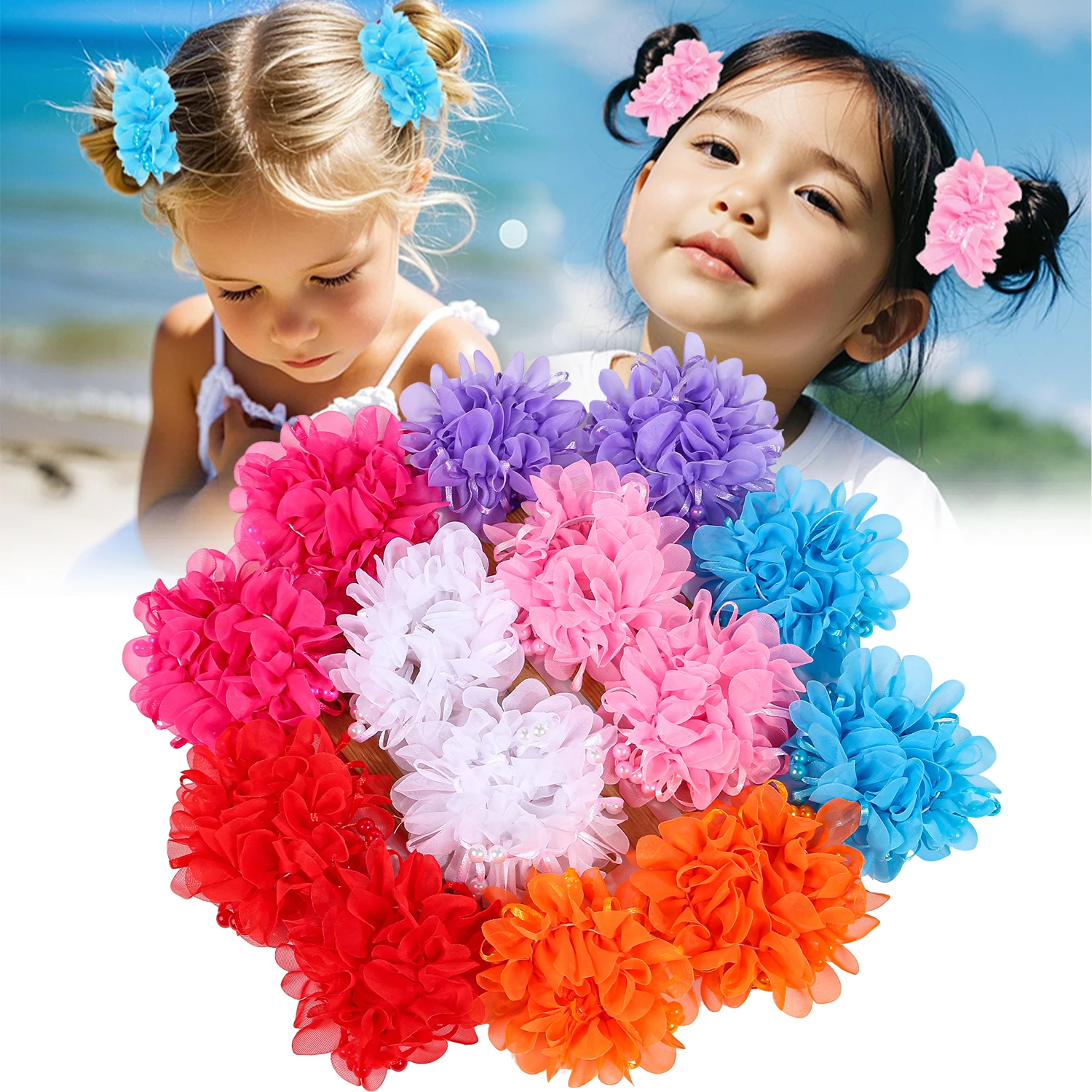 2/7 pçs meninas flor laços de cabelo rabo de cavalo titular elástico faixas de cabelo crianças acessórios para o cabelo chiffon floral laço de cabelo crianças headwear