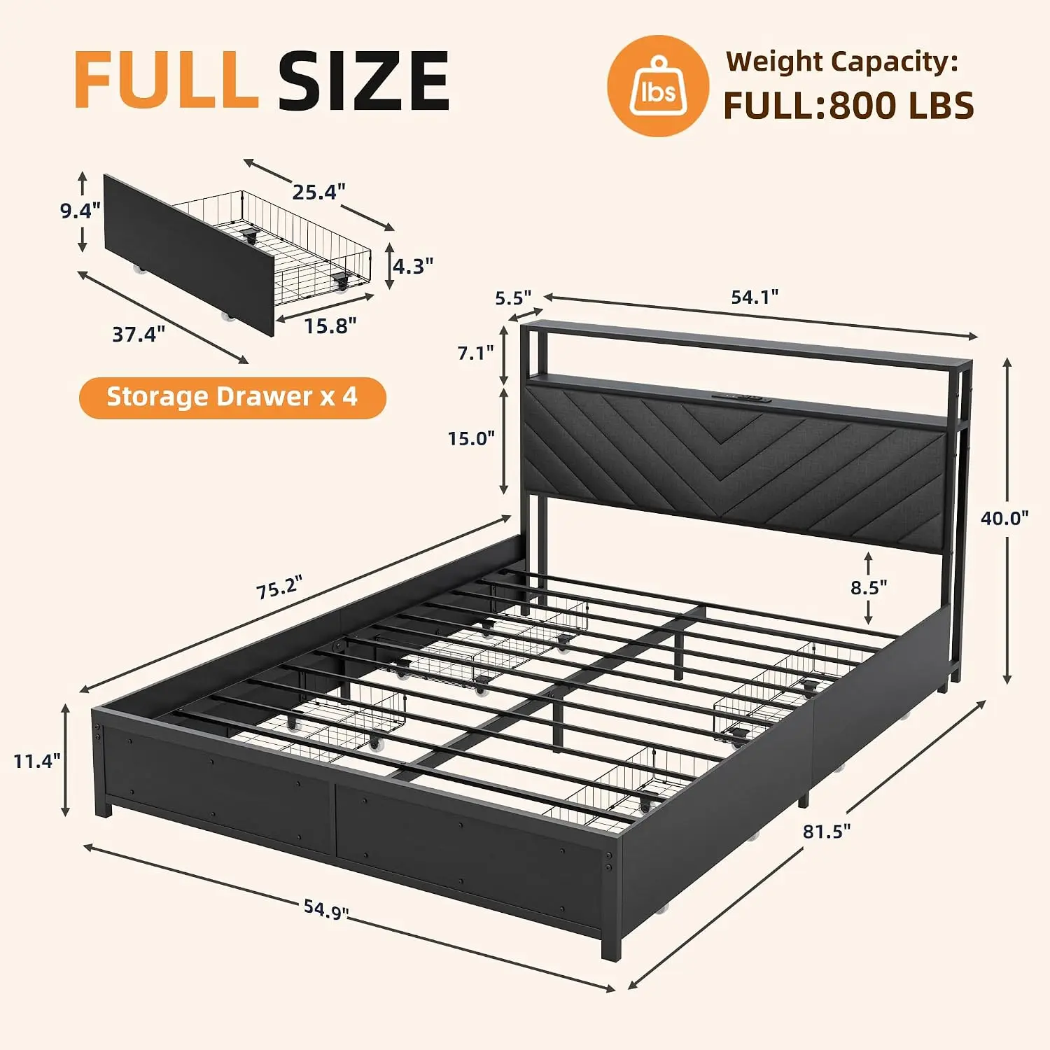 Full Size Bed Frame with Adjustable Headboard Platform, Black
