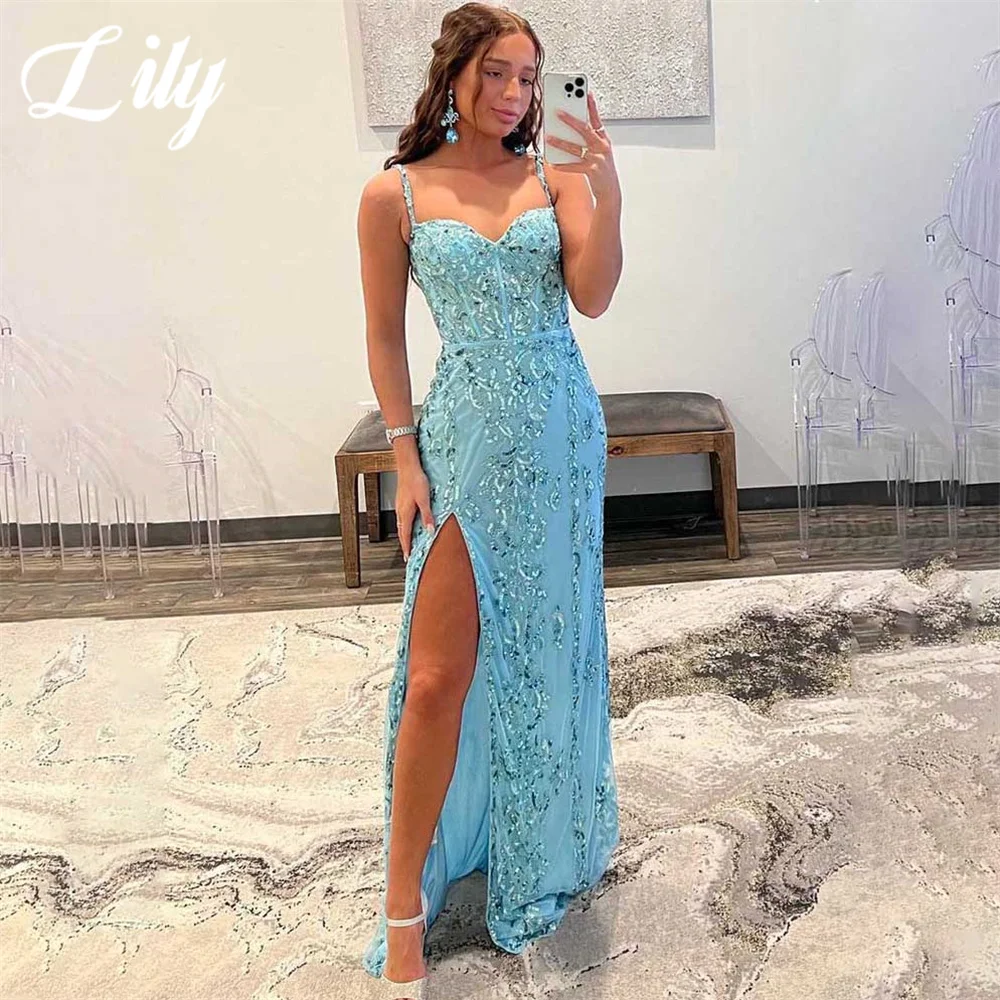 Lily Blue Chic Woman Evening Dress Gown Mermaid Sexy Split Sweetheart Night Dress Gown with Pleats Satin Custom robes de soirée