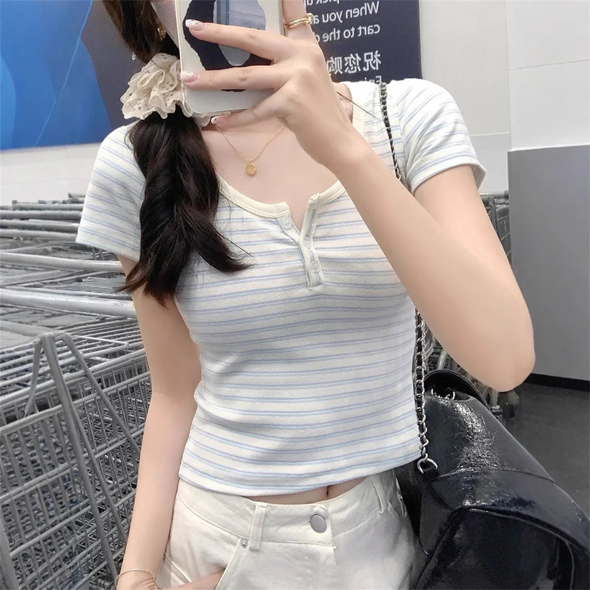 

Women Classic Striped Slim Crop Top Summer Button O-Neck Soft Cotton Short Sleeve T-shirts Chic Sweet Fashion Y2k Tops Women