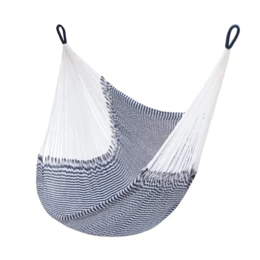 Handwoven hanging chair for outdoor and indoor use, polypropylene rope, stripe navy blue and white, weather-resistant, ultra-so