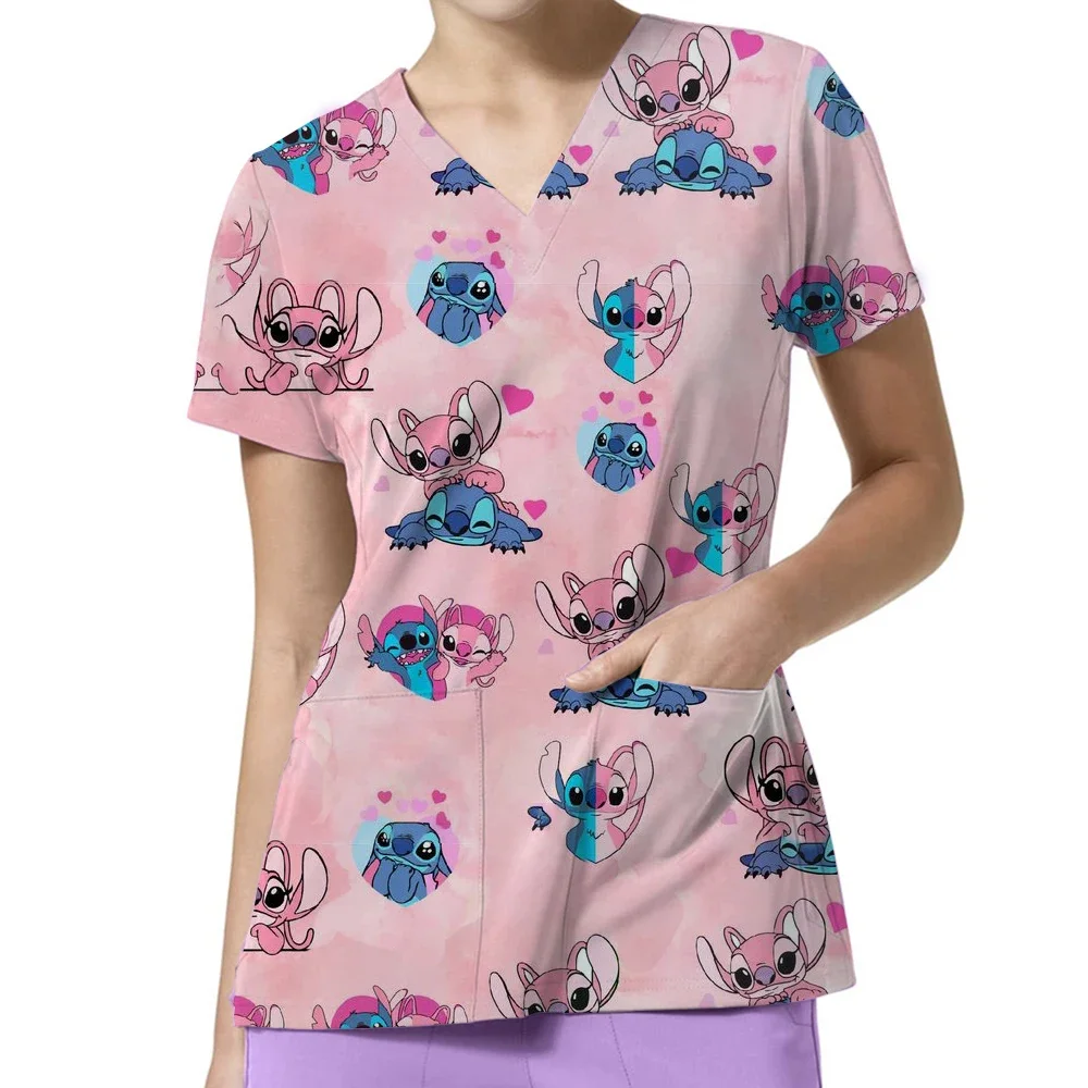 المرأة ممرضة نمط فرك القمم الصيف ديزني غرزة طباعة تي شيرتات قصيرة الاكمام الخامس الرقبة Kawaii الحيوانات الأليفة مستشفى موحدة Y2K #5