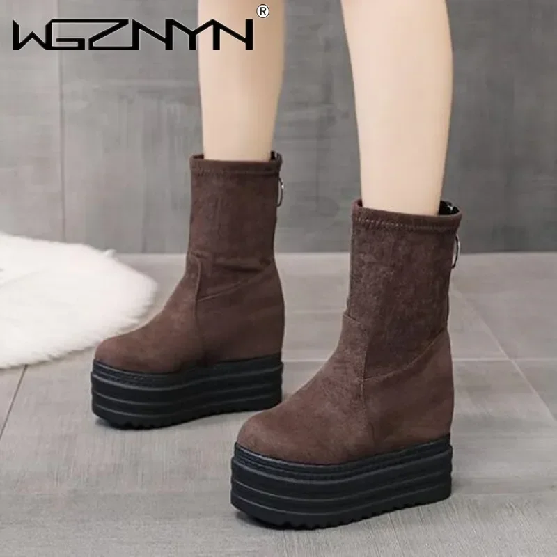 Womens Shoes Heels Wedge Suede Elasticated Platform Ankle Boots Casual Shoe Women Black Back Zipper Boot Closed Toe Botas Mujer