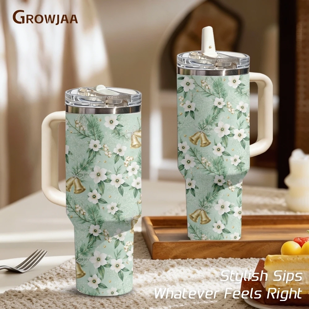 Christmas Bell Floral Vacuum Flasks 40oz 3rd Gen Vacuum Insulated Stainless Steel Tumbler Cup With Handle Straw Lid For Gifts