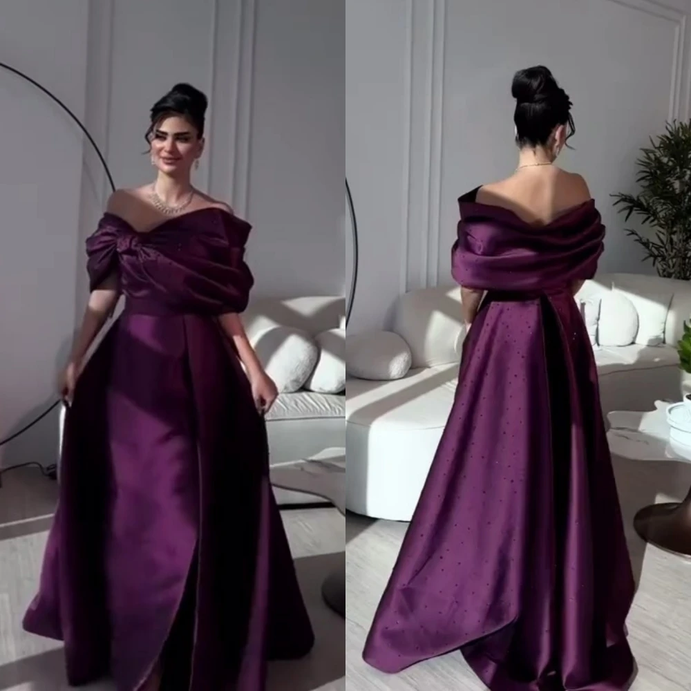 

Customized Satin Sequined Beading Ruched Engagement A-line Off-the-shoulder Bespoke Occasion Gown Long Dresses