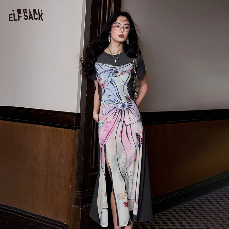 

ELFSACK Fake 2-Piece Floral Print Maxi Dress, Gothic Court Ribbed Knit Slit Dress, Sweet Casual Daily Wear for Women