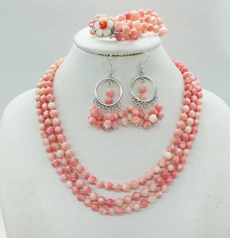 Exquisite  3 Layers, 6MM Classic Pink Coral Necklace/Bracelets/Stud Earrings African Bridal Jewelry Set