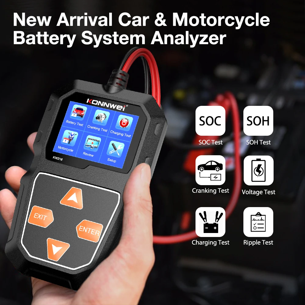 6V 12V Car Motorcycle Battery Tester KONNWEI KW218 Support Lead-acid AGM GEL EFP Batteries Charging Cranking Test Tool