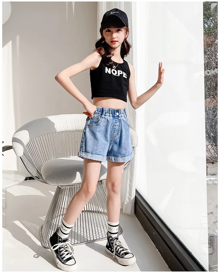 New Summer Shorts for Girls Cotton Teenage Denim Pants Fashion Children Elastic Waist Breathable Shorts Kids Clothes 8 10 12 14Y